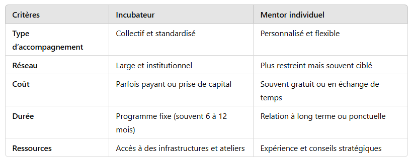 7. Comparatif : incubateur vs mentor individuel